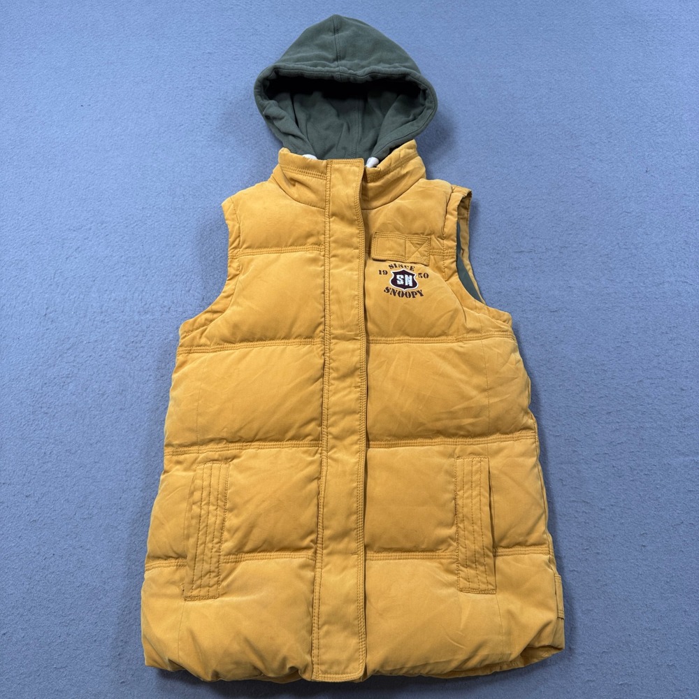 Snoopy Peanuts Puffer Vest Girl's 160/76 Yellow Hooded Quilted Gorpcore Outdoor